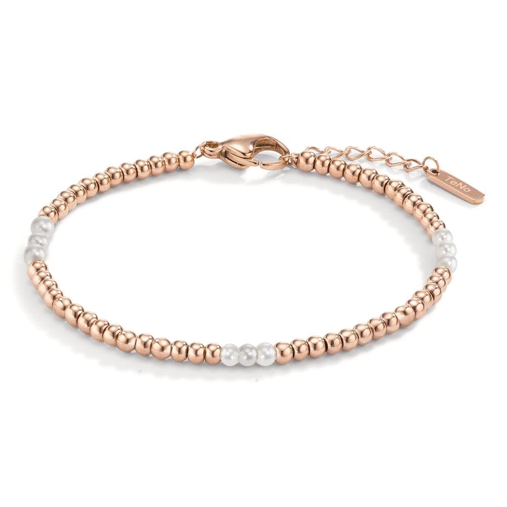 Miyako Rosé Kugelarmband aus Edelstahl mit weißen Muschelperlen, verstellbar von 17 bis 18,5 cm.